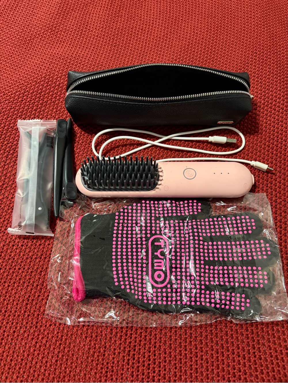 TYMO Cordless Pink Heated Hair Straightening Brush with Travel Pouch